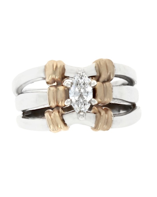 Maquise Diamond 3 Row Split Shank Fluted Accent Ring in White and Yellow Gold